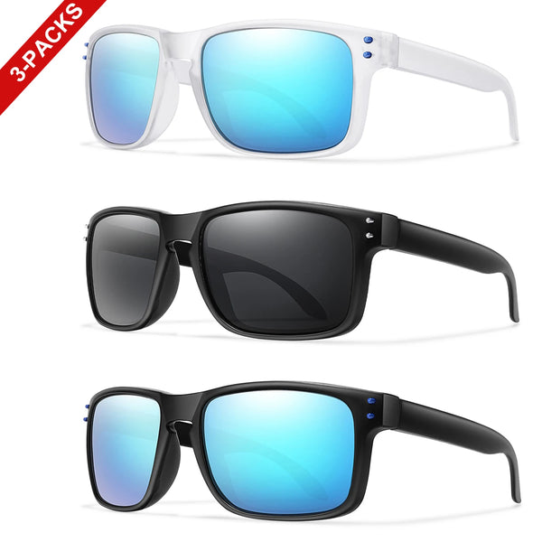 Three pairs of polarized UV400 sunglasses shown in white and black frames.