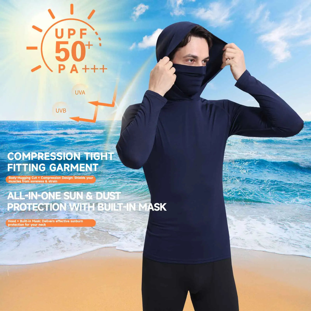 A man wearing a navy blue compression tight fitting garment with a hood, demonstrating sun protection.