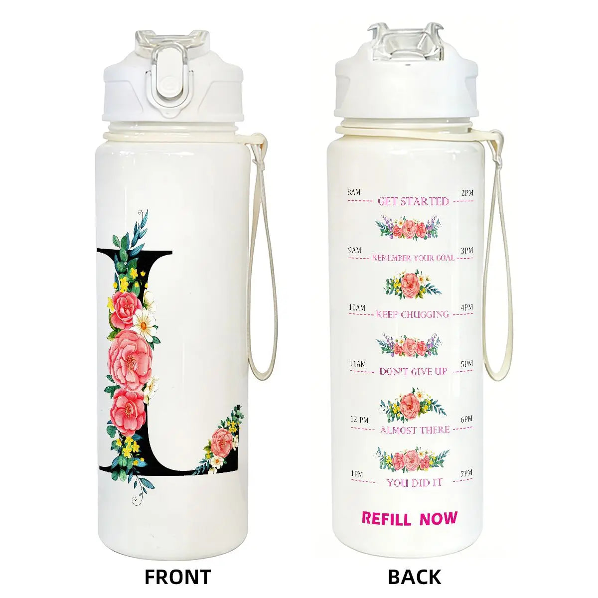 Front and back views of a white insulated straw tumbler for hydration