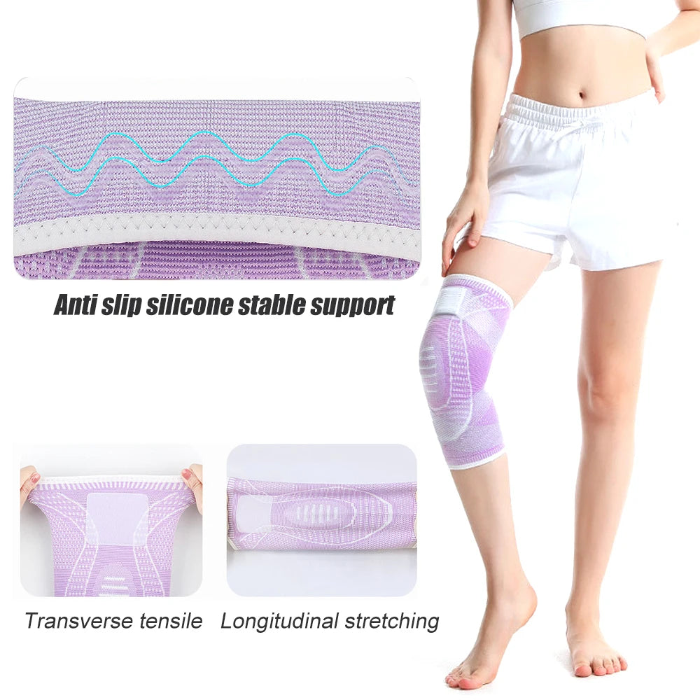 Purple silicone knee compression sleeve showing tensile and stretching features on a leg.