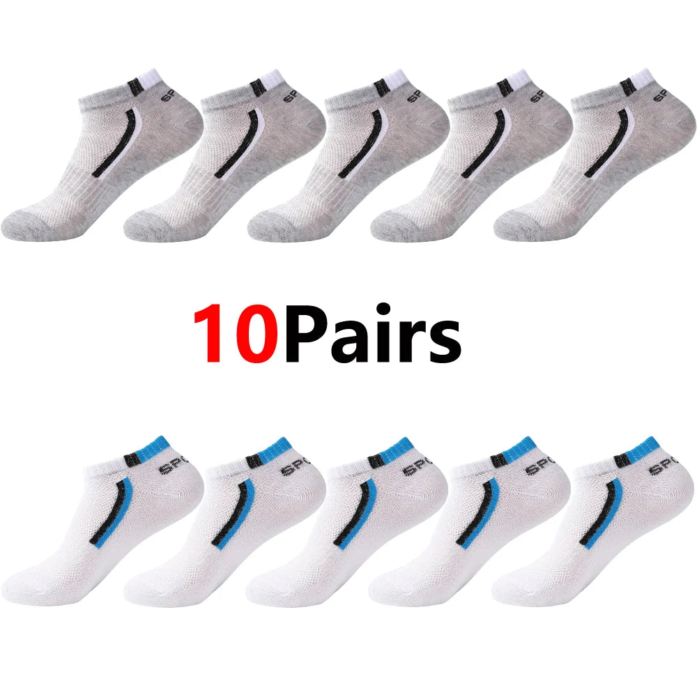 Ten pairs of men's color-block mesh ankle socks shown in various gray and white patterns.