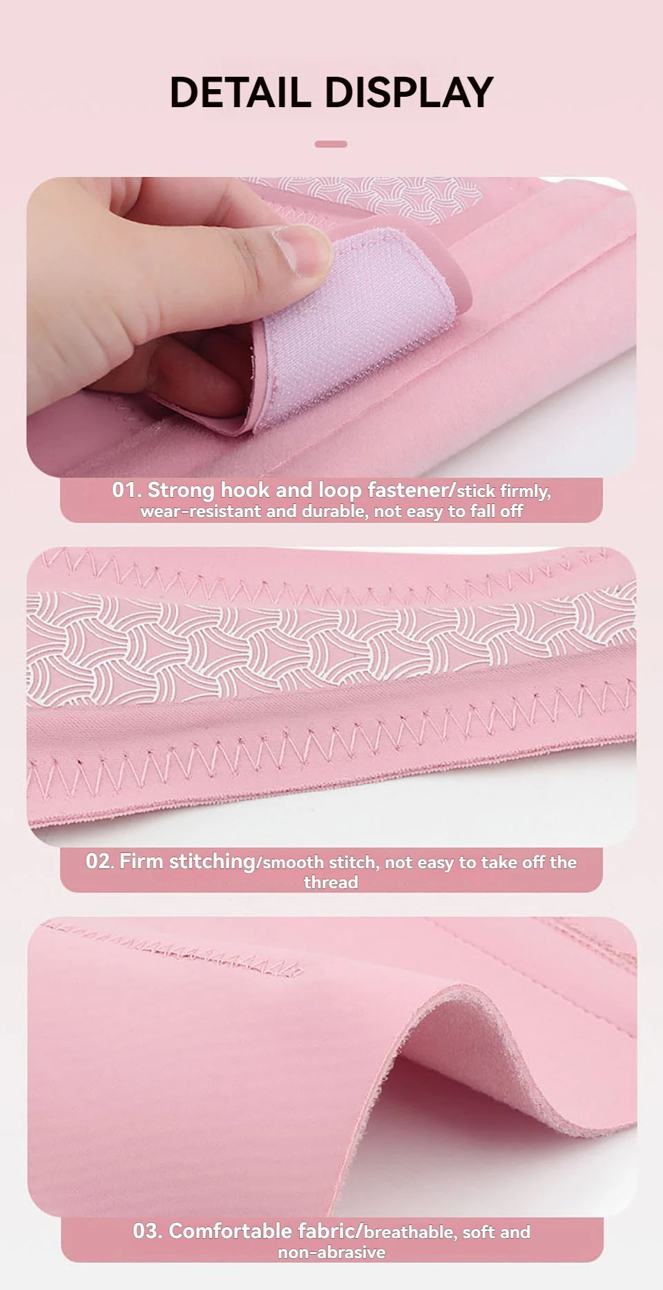 Detailansicht der Herstellung einer rosa Kompressionsbandage, mit Hervorhebung von Schnallen, Nähten und Stoff
