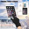 A hand wearing black insulated winter gloves touches a touchscreen device displaying icons for a phone and tablet PC.