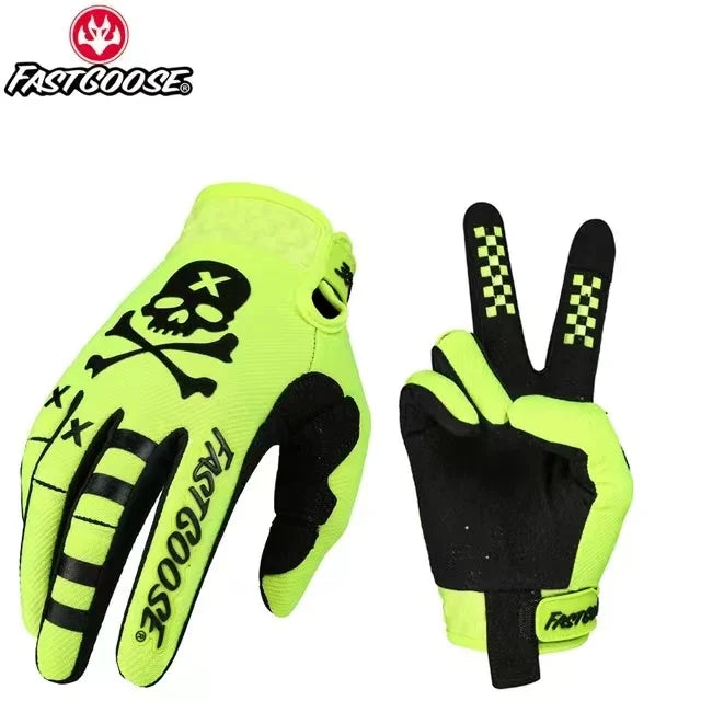 A pair of neon yellow and black durable full-finger motocross and off-road cycling gloves.