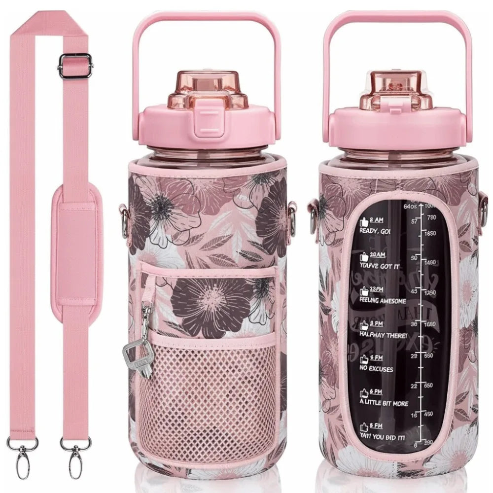 A pink insulated water bottle cover with a mesh sleeve and adjustable strap, featuring a floral pattern.