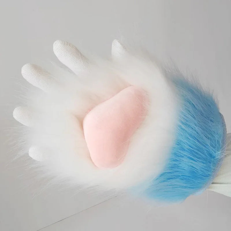 Gants pour chats en fausse fourrure blanche et bleue.