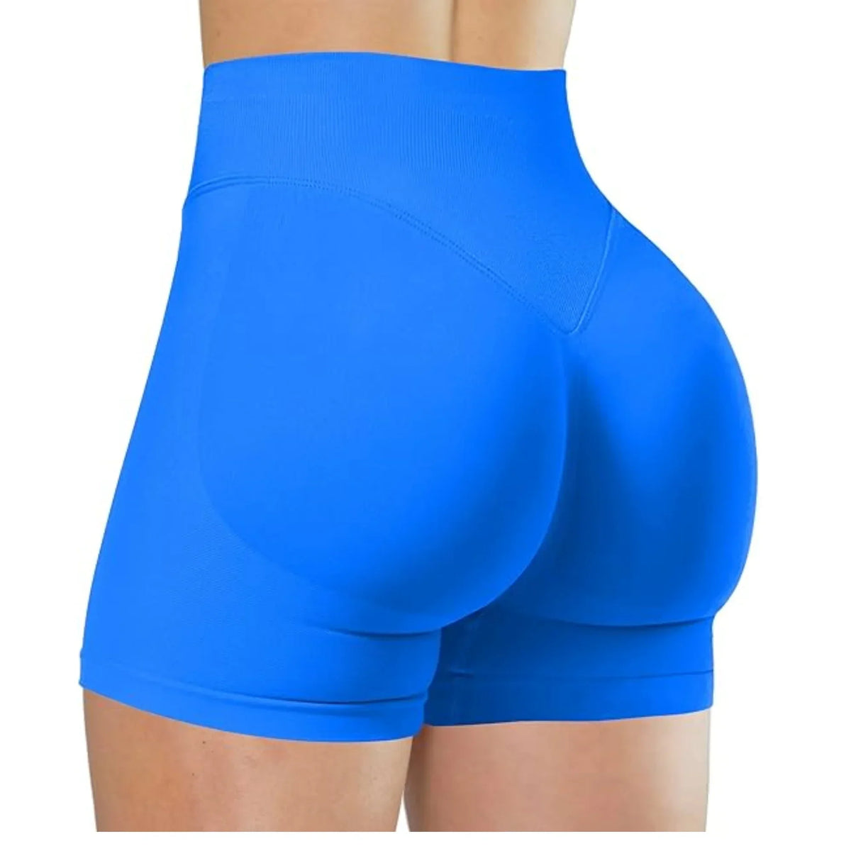 A close-up view of bright blue high-waisted yoga shorts worn by a person.
