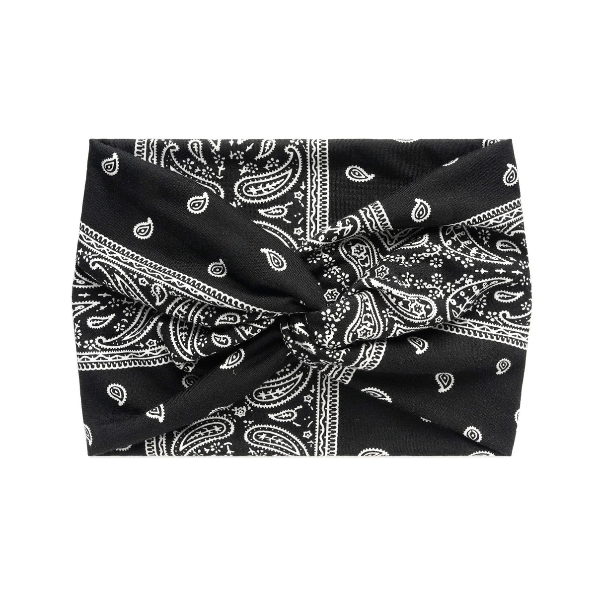 Schwarbes Tuch zu einem Bandana-Stirnband mit weißem Paisley- und geometrischem Muster
