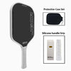 Schwarzer Carbonfaser-Pickleball-Schläger mit Schutzcase und Silikongriff in verschiedenen Ansichten.