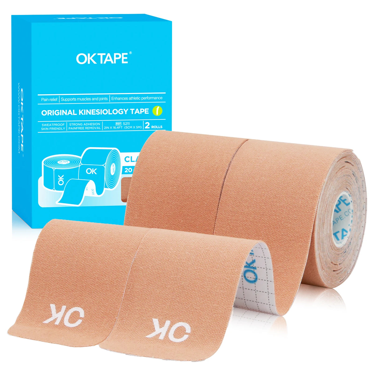 Roll of tan kinesiology tape with the OKTAPE brand logo and packaging visible.