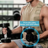 A person wearing a beige tank top is holding black fitness dumbbells and workout gloves.