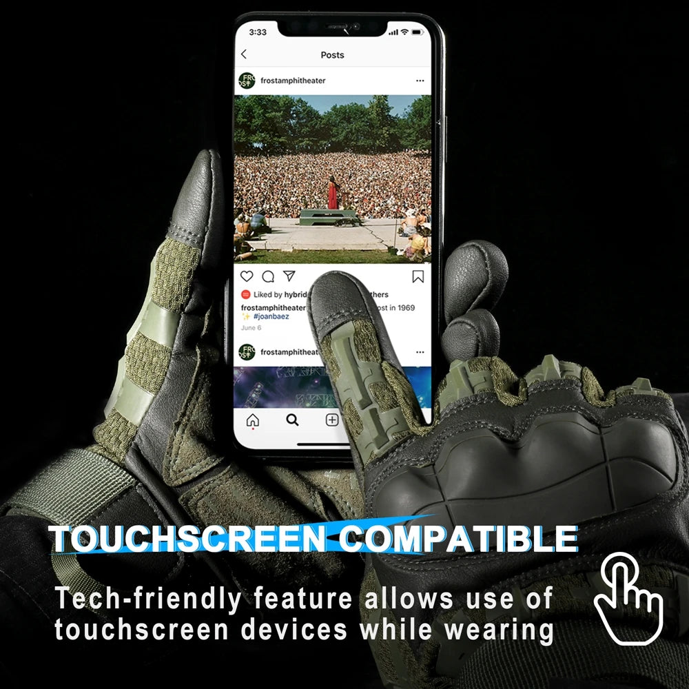 Tactical PU leather finger gloves shown with a smartphone displaying a social media feed.