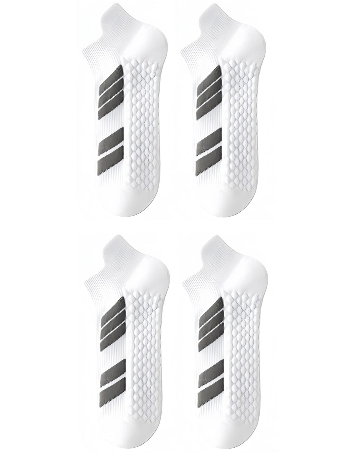 Une paire de chaussettes de sport blanches à rayures grises et à motif texturé, vue de côté.