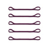 A set of five purple multi-functional elastic sports headbands laid out horizontally.