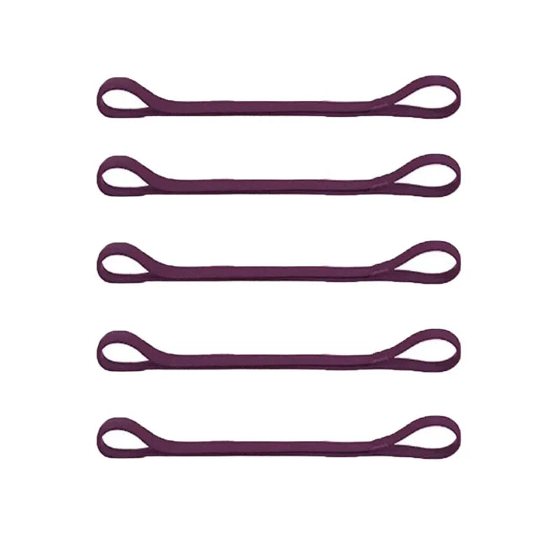 A set of five purple multi-functional elastic sports headbands laid out horizontally.
