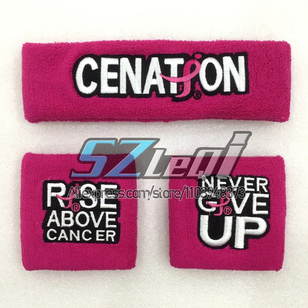 Un juego de dos pulseras deportivas de algodón magenta con texto negro y silueta rosa.