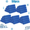 Fifty blue cooling microfiber towels stacked in a fan-like arrangement with ice crystals nearby.