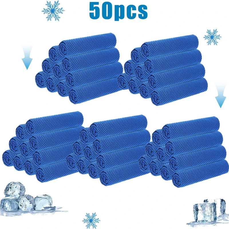 Fifty blue cooling microfiber towels stacked in a fan-like arrangement with ice crystals nearby.