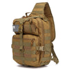A tan tactical sling backpack with multiple compartments and a US flag patch on the front.