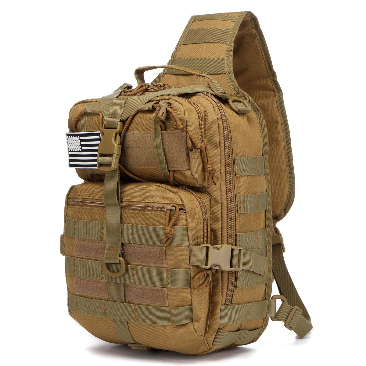 A tan tactical sling backpack with multiple compartments and a US flag patch on the front.