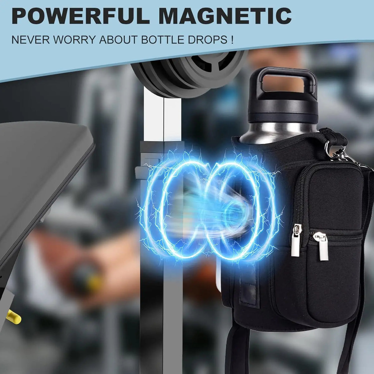 A black magnetic accessory holder is shown with a glowing blue magnetic field, designed to prevent bottle drops.