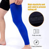 Blue performance knee calf compression sleeves shown on a leg, highlighting anti-slip features and fixed protection.