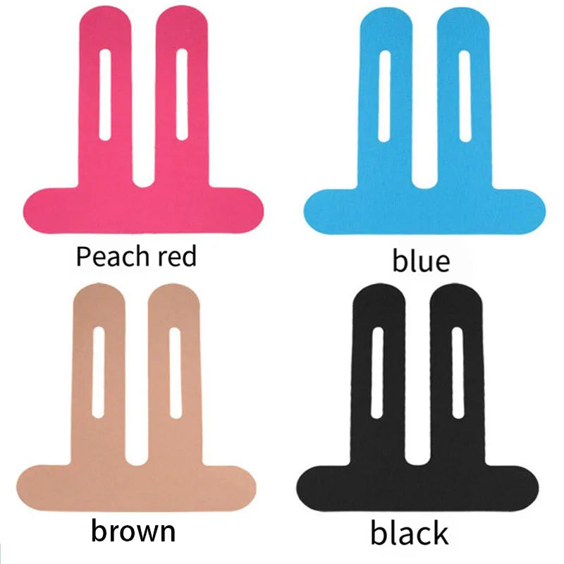 Four colored kinesiology therapy tapes for knee support: peach red, blue, brown, and black.