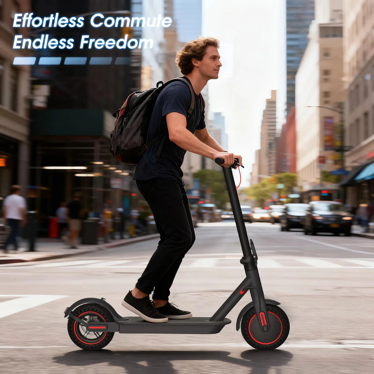 A man rides a black electric scooter on a city street, demonstrating effortless commute freedom.