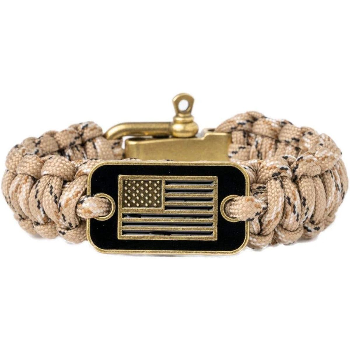 Tactical paracord survival bracelet with a gold flag charm featuring the American flag design.