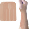 A hand is applying a piece of tan kinesiology tape to the forearm, next to a flat sheet showing various tape designs.