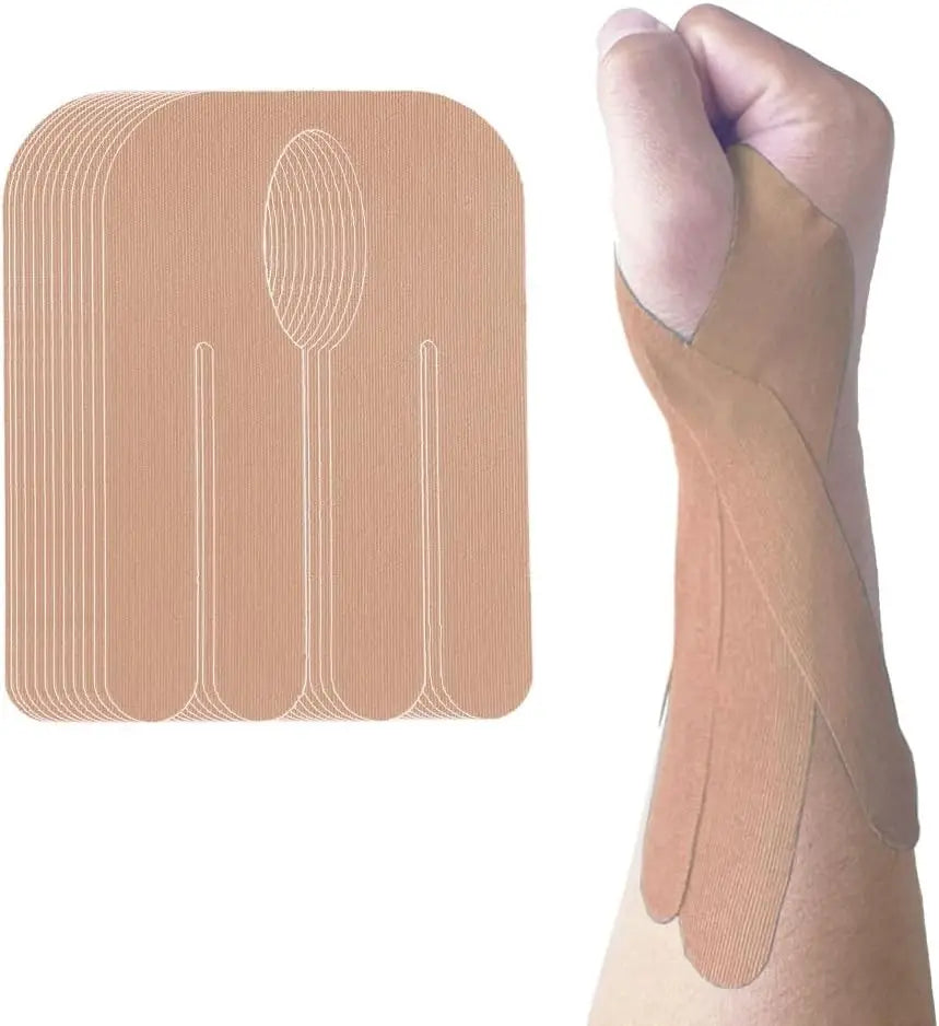 A hand is applying a piece of tan kinesiology tape to the forearm, next to a flat sheet showing various tape designs.