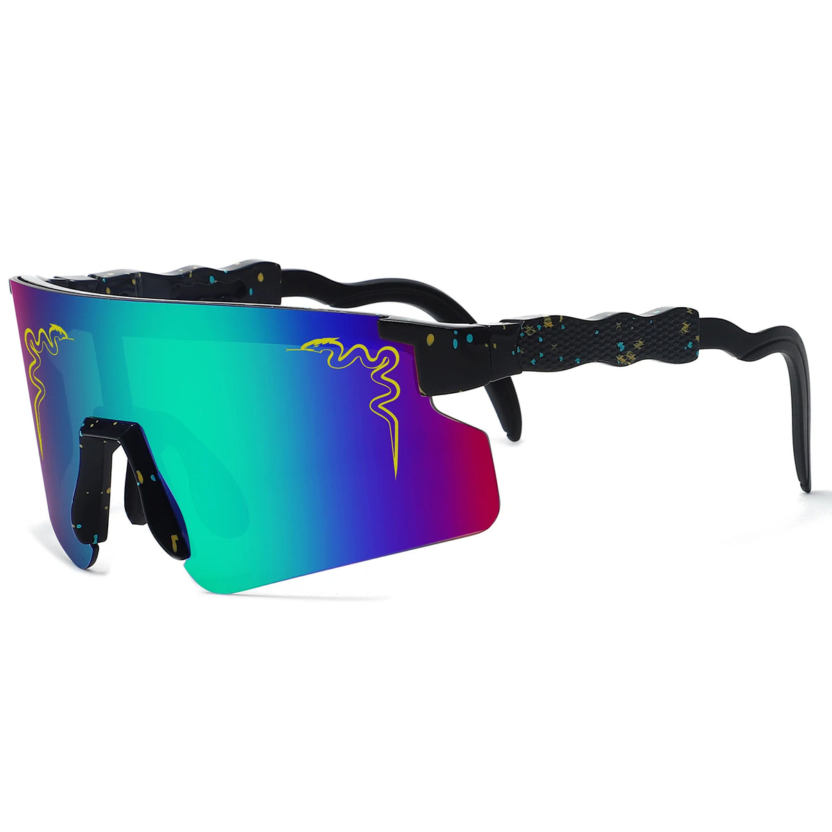 A pair of purple-tinted cycling sunglasses with black frames and decorative patterns.