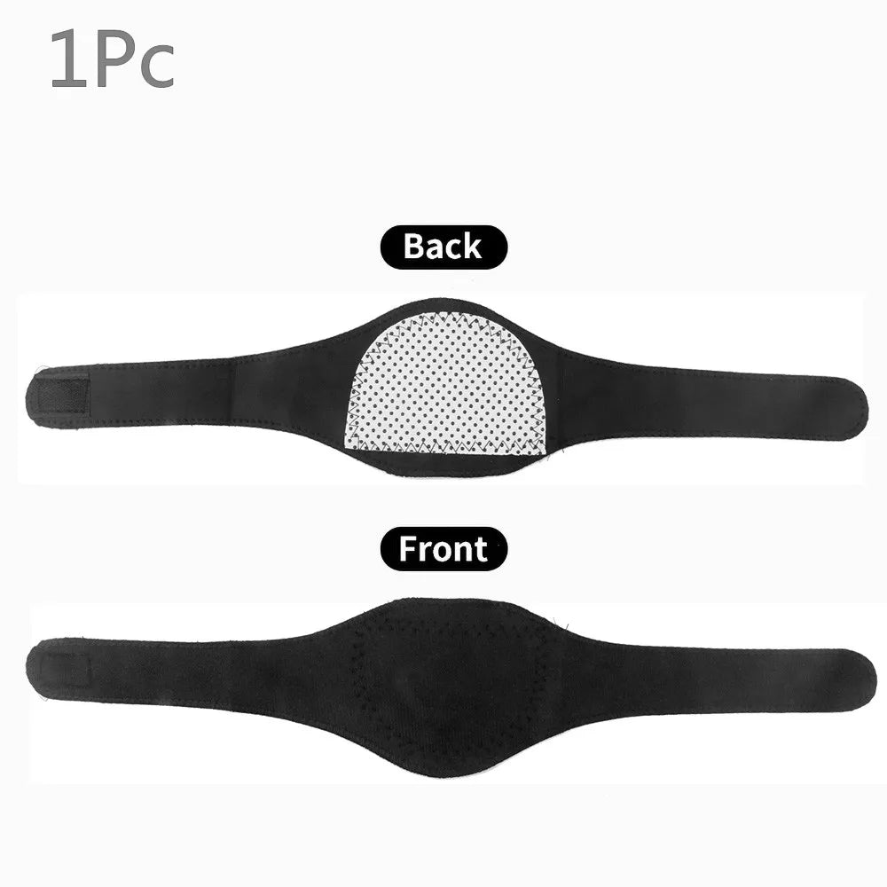 Two views of a black self-heating neck support brace showing the back with a perforated surface and the front.