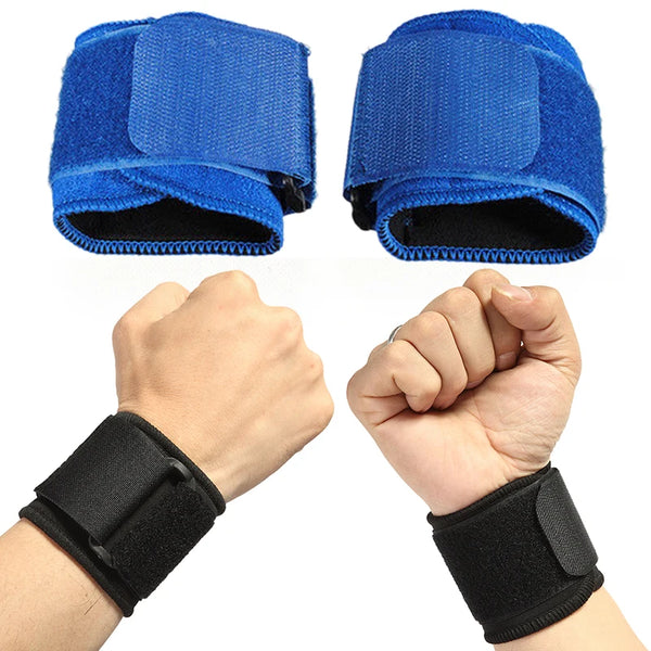 Soutiens-poignets sportifs ajustables bleu et noir, présentés sous forme de bracelet et de bandeau pour la main.