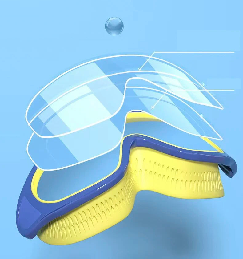 A pair of yellow and blue swimming goggles with clear lenses floating above them against a light blue background.