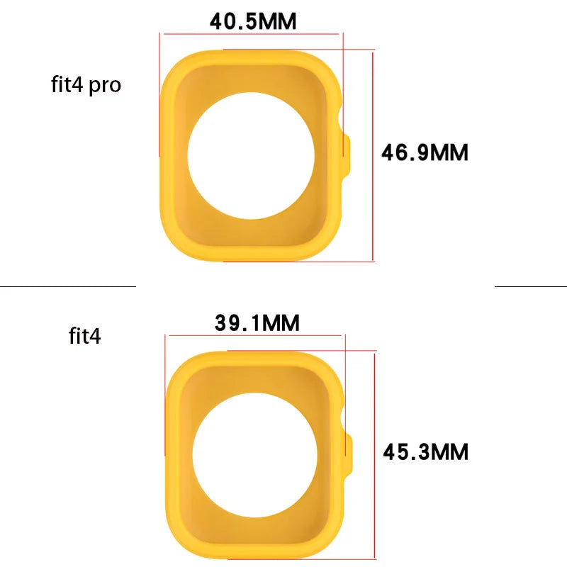 Comparaison de boîtiers de protection en silicone pour Huawei Watch Fit 4 et Fit 4 Pro, montrant les différentes dimensions e