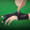 A hand is placing a black professional 3-finger billiard cue glove onto a finger.
