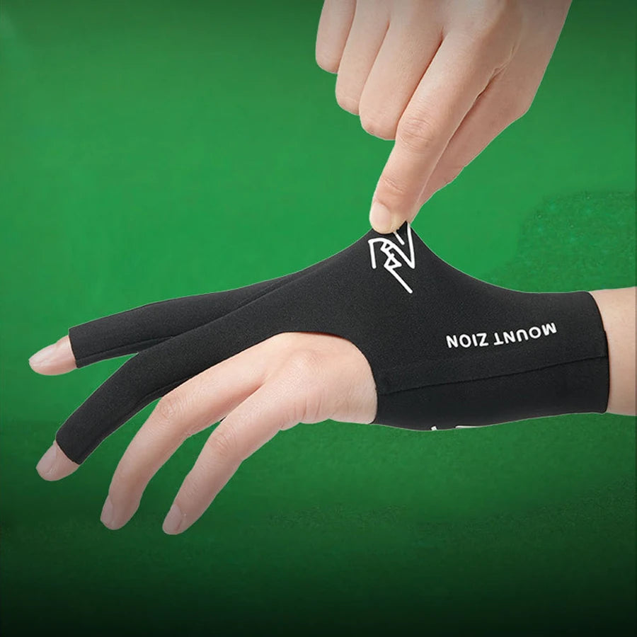 A hand is placing a black professional 3-finger billiard cue glove onto a finger.