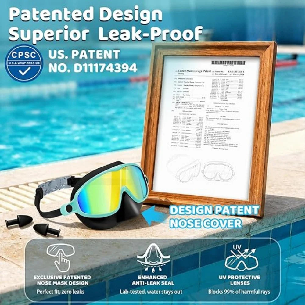 Une paire de lunettes de natation teintées en jaune avec une protection du nez, à côté d'un document de brevet encadré.