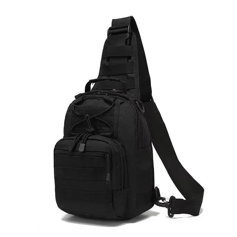 Black tactical sling backpack with adjustable straps and external pockets