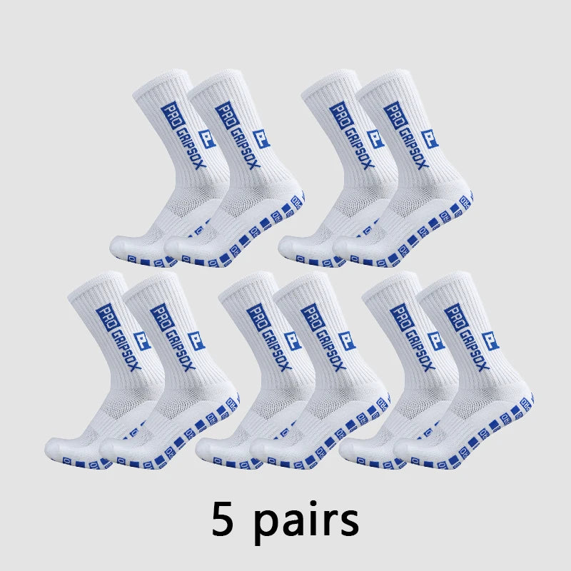 Five pairs of white anti-slip grip soccer socks displayed on a light gray background.