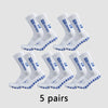 Five pairs of white anti-slip grip soccer socks displayed on a light gray background.
