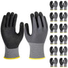 A set of black nitrile coated safety work gloves for mechanics and gardening, shown in various sizes.