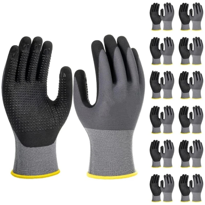 A set of black nitrile coated safety work gloves for mechanics and gardening, shown in various sizes.