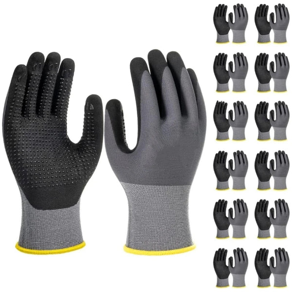 A set of black nitrile coated safety work gloves for mechanics and gardening, shown in various sizes.