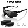A pair of black AWGSEE polarized sports sunglasses shown with their case and features listed.