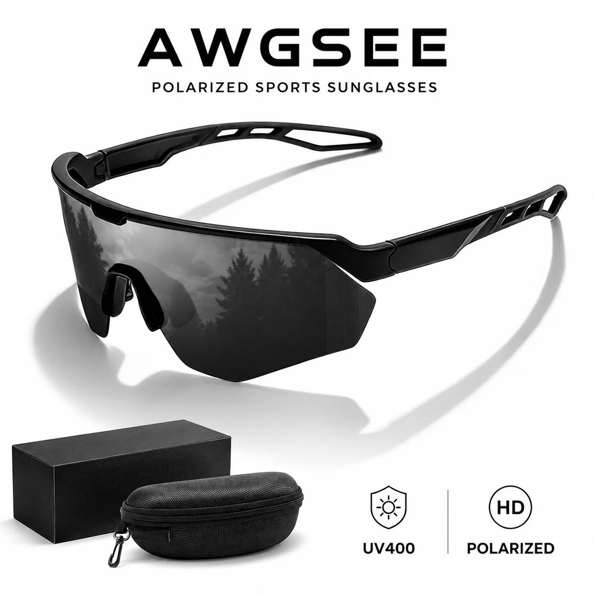 A pair of black AWGSEE polarized sports sunglasses shown with their case and features listed.