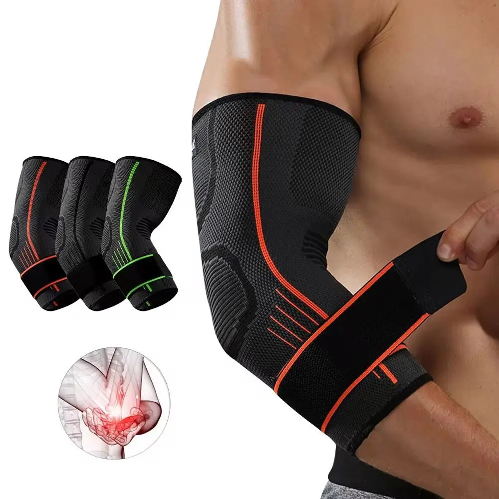 Black adjustable nylon elbow braces for joint support shown on an arm.