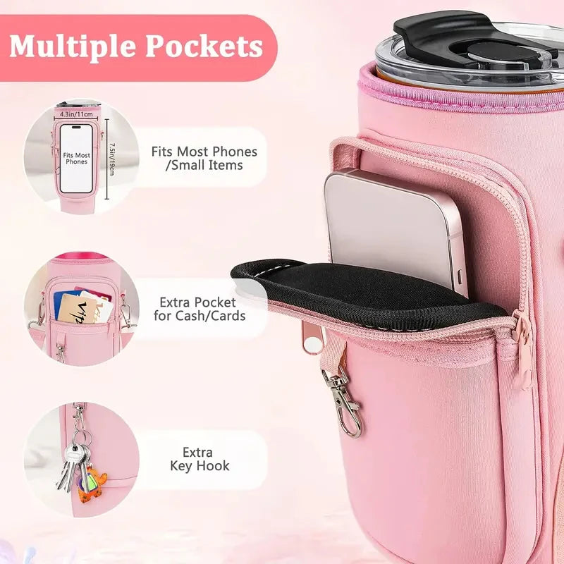 Termo rosa con múltiples bolsillos, diseño de vacío de acero inoxidable y tapa de pajita.