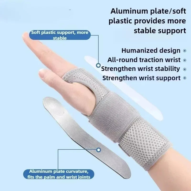 A hand wearing a gray wrist brace made of aluminum plate and soft plastic for stable support.
